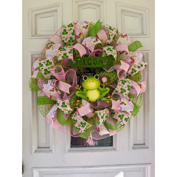 Welcome Frog Mesh Ribbon Spring & Summer Wreath Front Door Hanger Home Decor - Picture 1 of 8